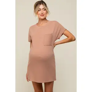 Camel Ribbed Front Pocket Dolman Short Sleeve Maternity Dress