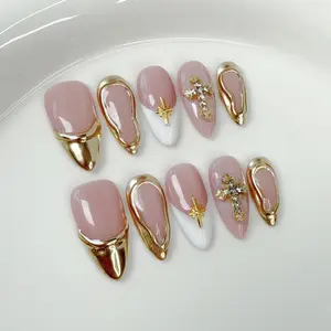 MAGIC NAILS Icy French Tip Press on Nails Winter 2025 New Arrival Ice Gel Almond Shape with Blush Gradient Light Luxury Ins Style Handmade False Nails with Metal Cross Charm