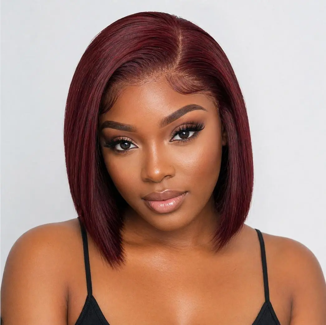 99J Burgundy Bob Wig Human Hair Glueless 13x4 HD Lace Front Wig 180 Density Short Straight Pre Plucked Ready to Wear.