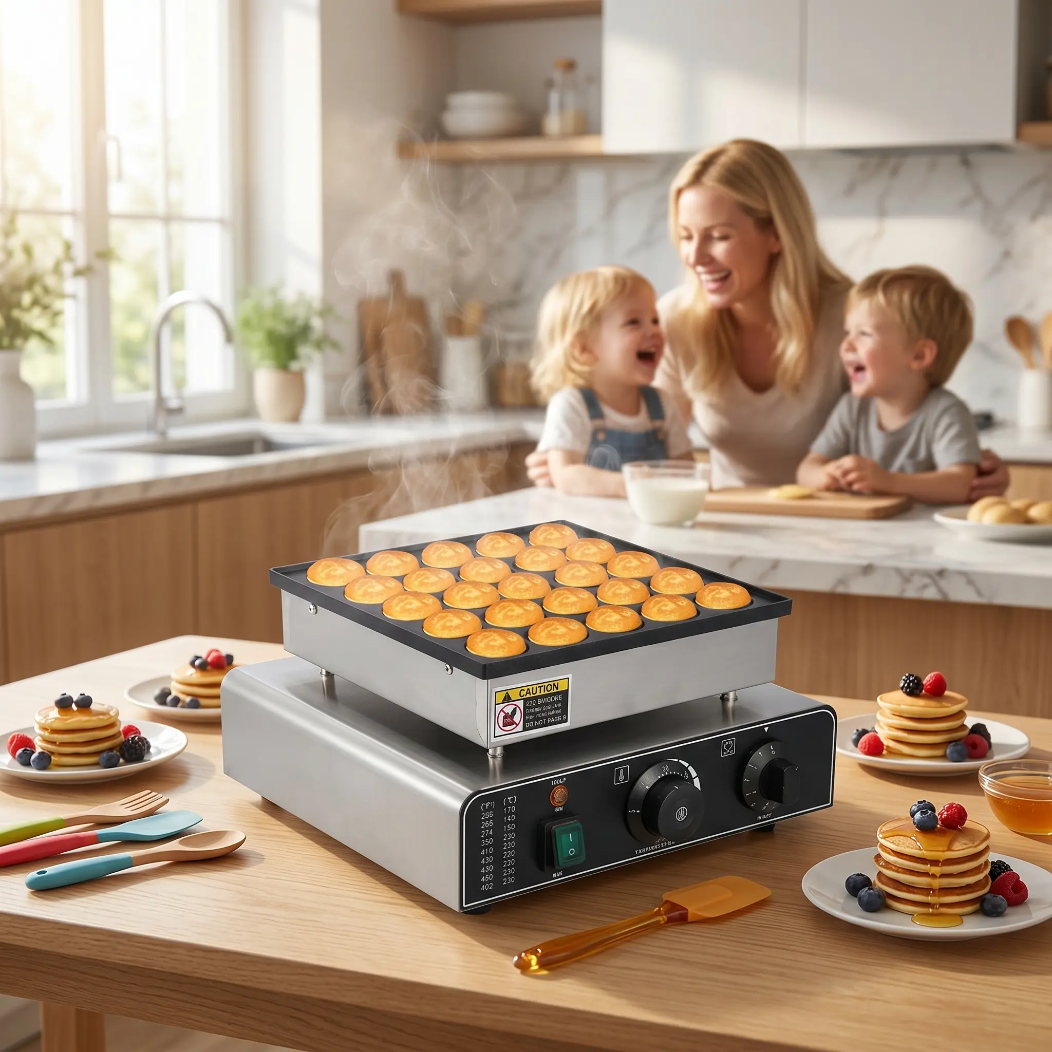 【GARVEE】Mini Dutch Pancakes Maker Machine, 25-50 Hole Stainless Steel Electric Machine, Non-Stick Surface, 1.8" Diameter, 50-300°C Temp & Time Control, Ideal for Home & Restaurant Use, 850W, 110V