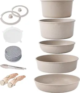 Caannasweis Pots and Pans Set Nonstick, Detachable Handle Cookware Sets, Stackable Induction Kitchen Cookware with Removable Handle, RV and Camping Cookware, Dishwasher and Oven Safe, 5 Pots Brown