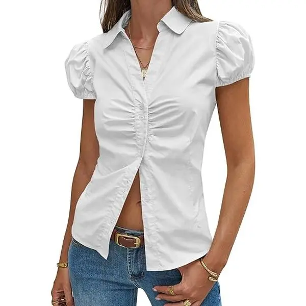 Cicy Bell Womens Short Puff Sleeve Button Down Shirts Summer V Neck Ruched Cotton Tops Casual Dressy Slim Fit Blouses