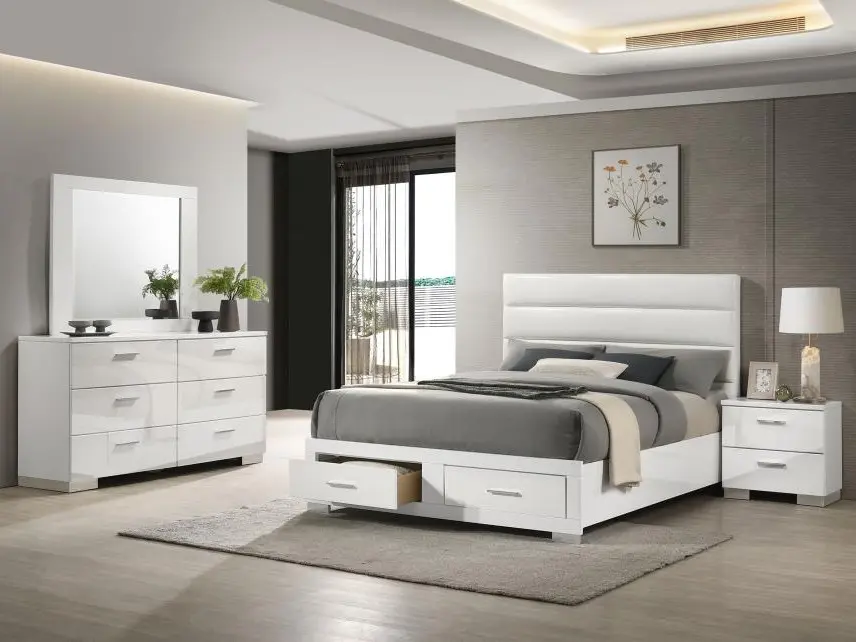 Coffe 203510Q-S4 4 PC Felicity High Gloss White Finish Wood Modern White Faux Leather Tufted Headboard Queen Bedroom Set Footboard with Drawers