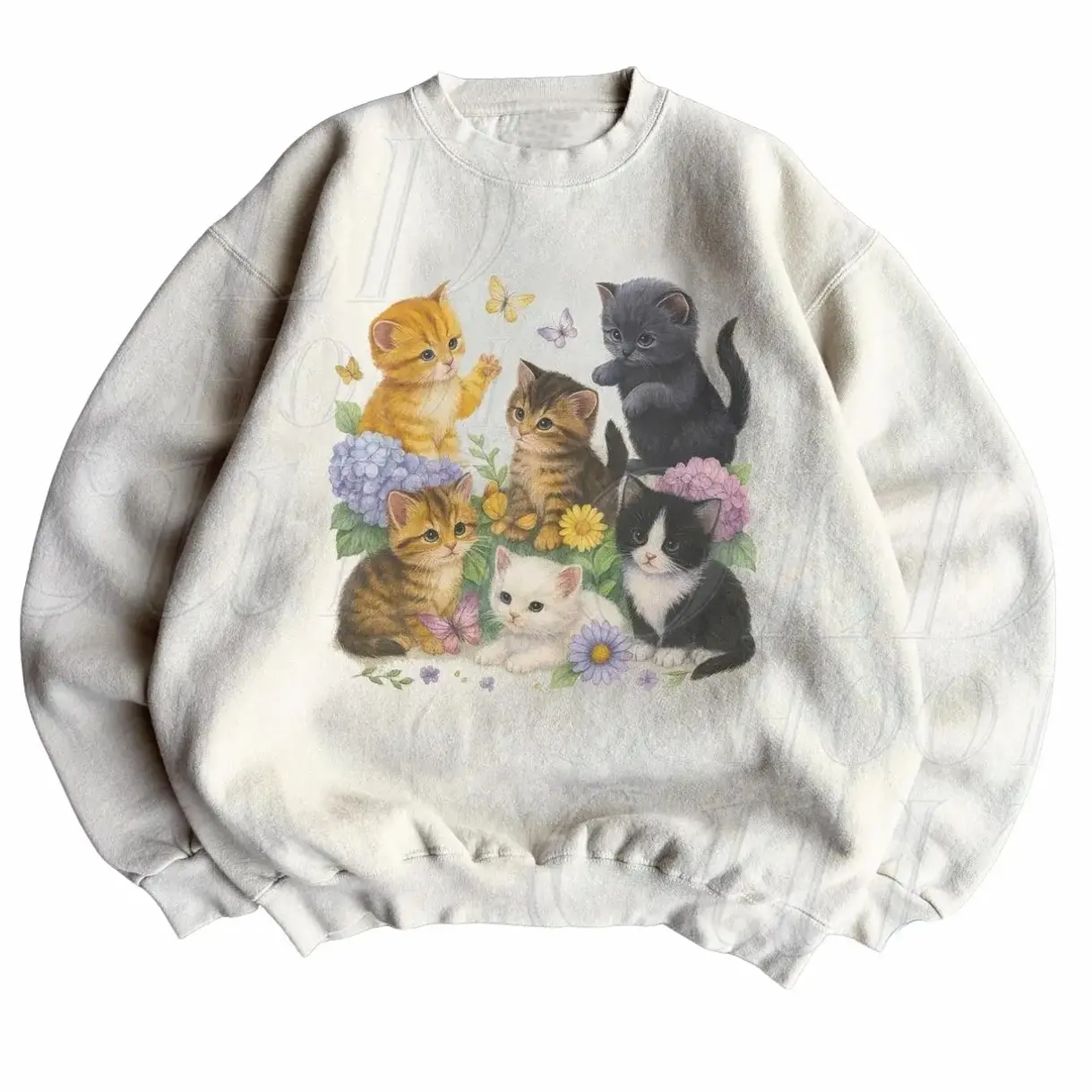 Retro Kitten Sweatshirt , 90s Vintage Cute Cats Pullover, Boho Unisex Floral Cat Butterfly Graphic Crewneck, Retro Animal Shirt
