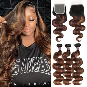 Uwigs FB 30 Highlight Body Wave Bundles With 4×4 Closure Colored Human Hair Weave Hair Extensions For Women