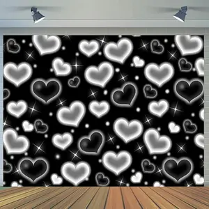 8x6FT Black Heart Photo Backdrop 90s Backdrops for Photoshoot Valentine's Day Backdrop Women Men Happy Birthday Photography Background Banner D853