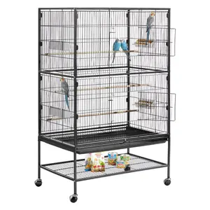 VEVOR Bird Cage, 31.5 x 20.5 x 52 inch, Flat Top, Wrought Iron Bird Flight Cage with Perches, Slide-Out Tray and Plastic Feeders, Casters, for Parrot, Blue Tit, Cockatiel, Canary, and Monk Parakeet