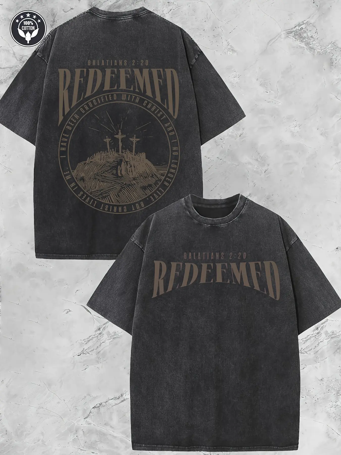 Men's REDEEMED 100% Cotton 220gsm Short-Sleeve T-Shirt - Men’s Shirts, Streetwear, Distressed Double-Sided Retro Print, Round Neck, H-Fit Christian Faith Design with Cross & Romans 3:23 Scripture, Casual Top, Machine Washable Summer Wear, Soft Texture