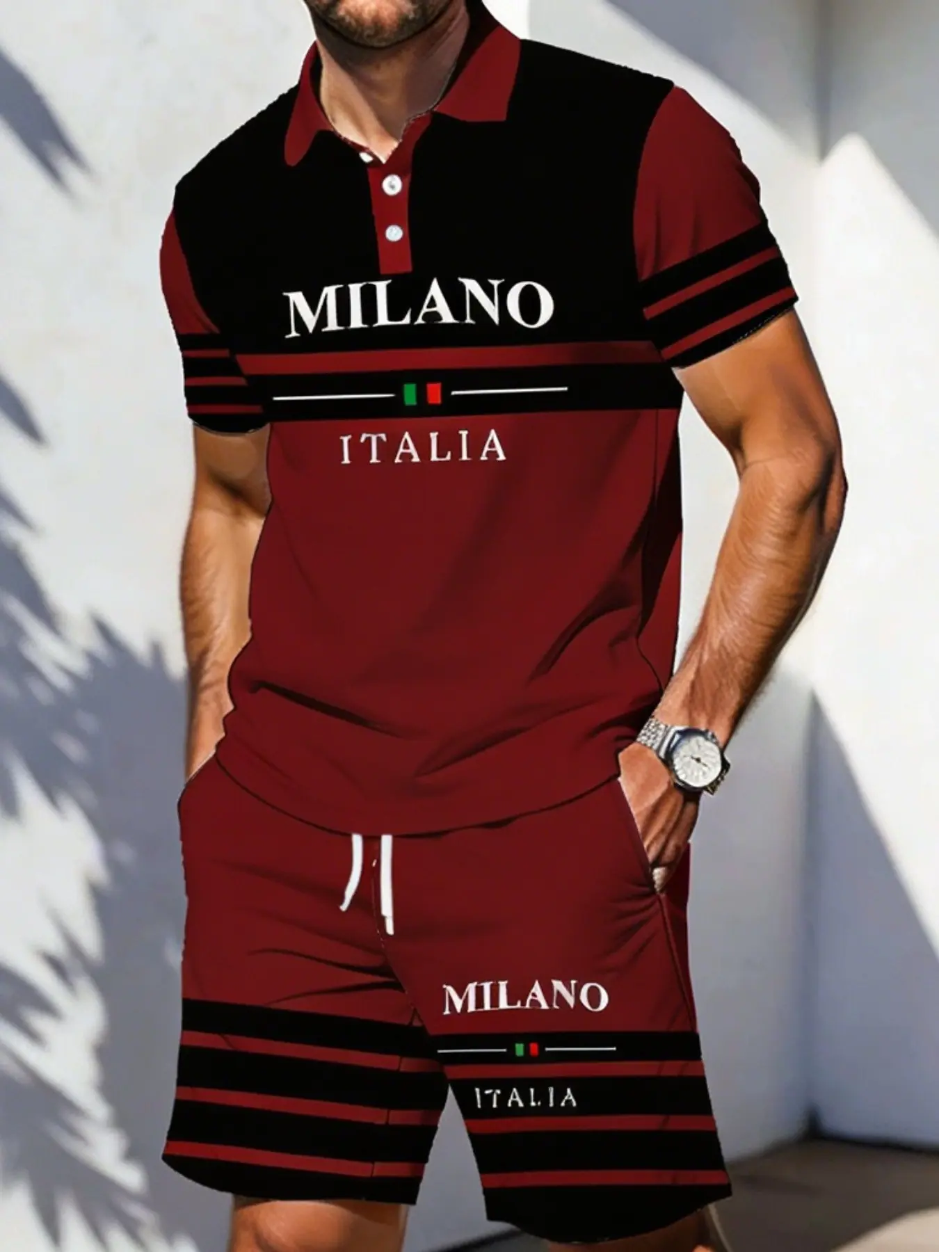 Summer Men's Milan Italy Theme Set, Milano Italia Letter Stripe Polo Shirt + Shorts, Loose-Fit, Casual, with Pockets, Adjustable Waistband