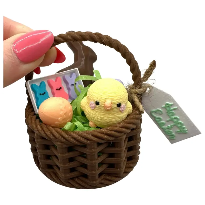 Mini 3D Printed Easter Basket w/ “Chocolate” Bunny, “Plush” Chick, Mini “Eggs”, Mini “Peeps”, Sign, Easter Grass Set. 2 Color Options. Miniature Spring Decor, Filler, Miniverse Gift Adorable Collectible