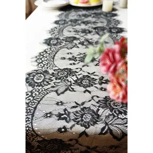 F-PSD04 14 x 120 Inches Black Lace Table Runner Decoration Anniversary Embroidered Doilies Party Supplies Vintage Lace Centerpiece Theme for Boho Wedding Bridal Baby Shower Decorations