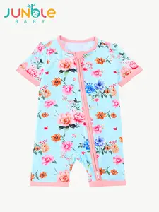 JUNBLEBABY Unisex Baby Bamboo Blend Hoodie Bodysuit - Baby Clothing, Blue Flower Print, Double Zipper, Reversible Sleeves, Soft Breathable Design