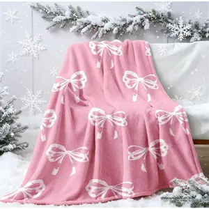 Cozy Bow Pattern Blanket for Girls and Adults, Soft Lightweight Fleece Throw Blanket for Home Office, Cute Ribbon Coquette Aesthetic Bedroom Blanket for Air-conditioned Room, Birthday Holiday Giftable Blankets for Travel Nap, 1 Count