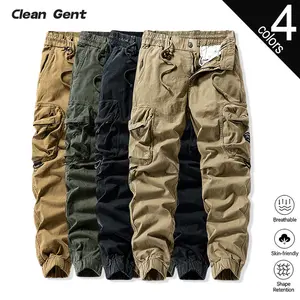 Clean Gent men’s loose solid-color cargo pants with elastic waistband and cuffed legs, zippered pockets that prevent items from falling out, cotton fabric that is skin-friendly, durable, and resists pilling; suitable for everyday and outdoor wear in all s
