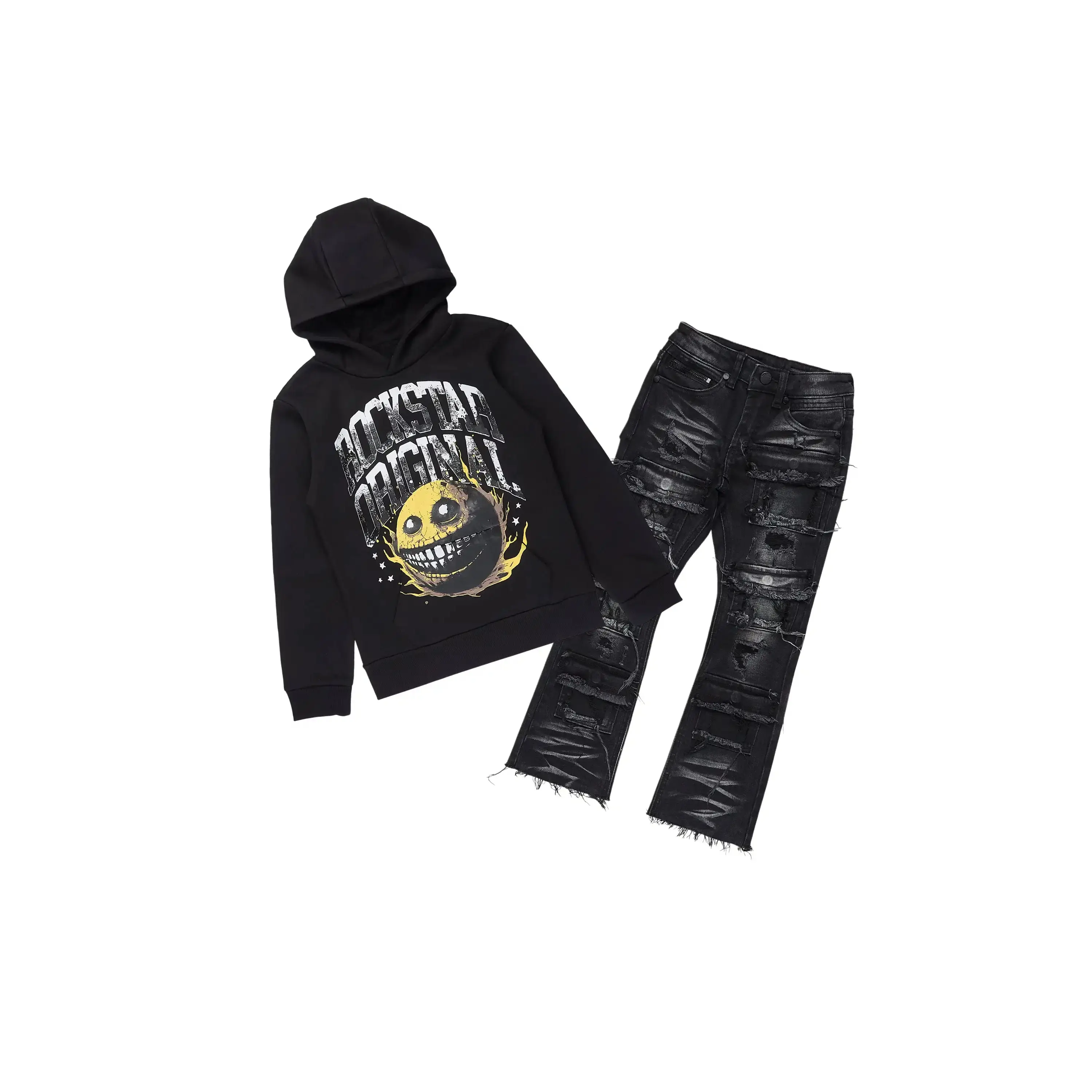 Boys Parsons Black Hoodie/Stacked Jean Set