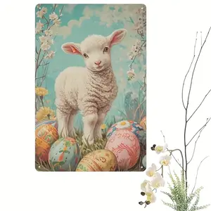 Vintage Easter Lamb Iron Sheet Signboard-Country Style Wall Art with White Lamb and Colorful Easter Eggs, Classic Home Decor for Living Room, Bedroom, Tinplate Signboard, 7.9X11.9 Inches, No Electricity Needed, perfect for Easter Decoration, Country Style