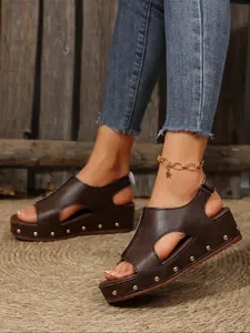 Women's Thick Sole Fish Mouth Rivet Hollow Back Velcro Roman Sandals, Fashionable Casual Sandals, PU Leather Casual Shoes for All Seasons, Large Size Footwear