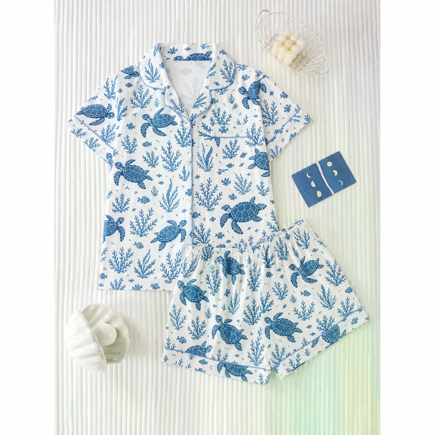 Sleepset: White Turtle Print Pajamas, Short Sleeve Button-Up Design for Cool Summer Comfort