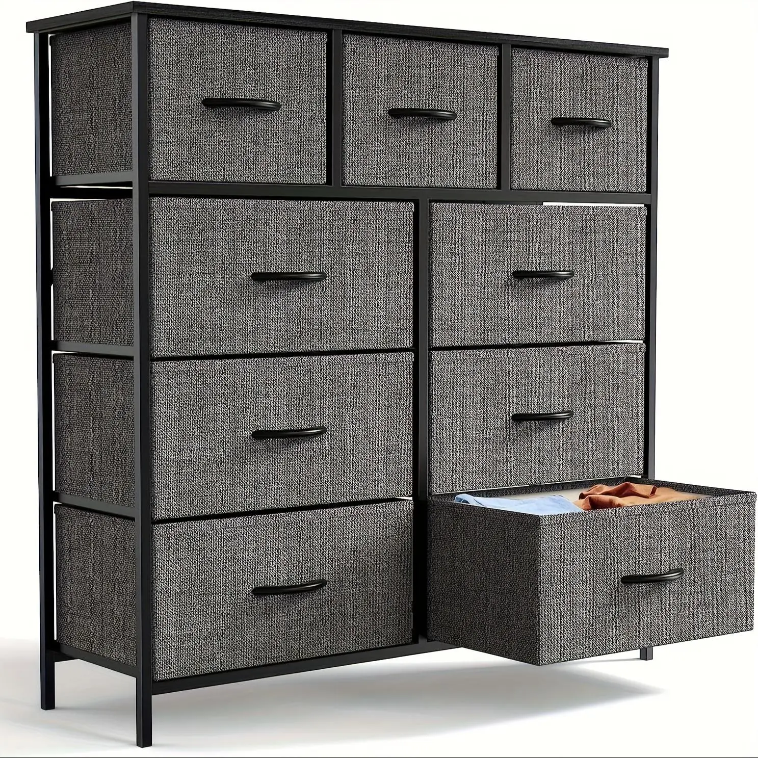 Dresser For Bedroom With 9 Fabric Drawers, Tall Chest Storage Tower Organizer Units For Clothing, Closet, Kids Room Furniture, Steel Frame Wood Top Lightweight Quick Assemble Cabinet