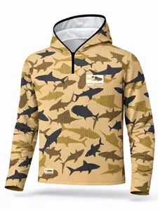 Men's Outdoor Fishing Hooded Long Sleeve T-Shirt, Camo Shark Print, Quick-Dry Breathable, Casual Summer Fishing Clothing
