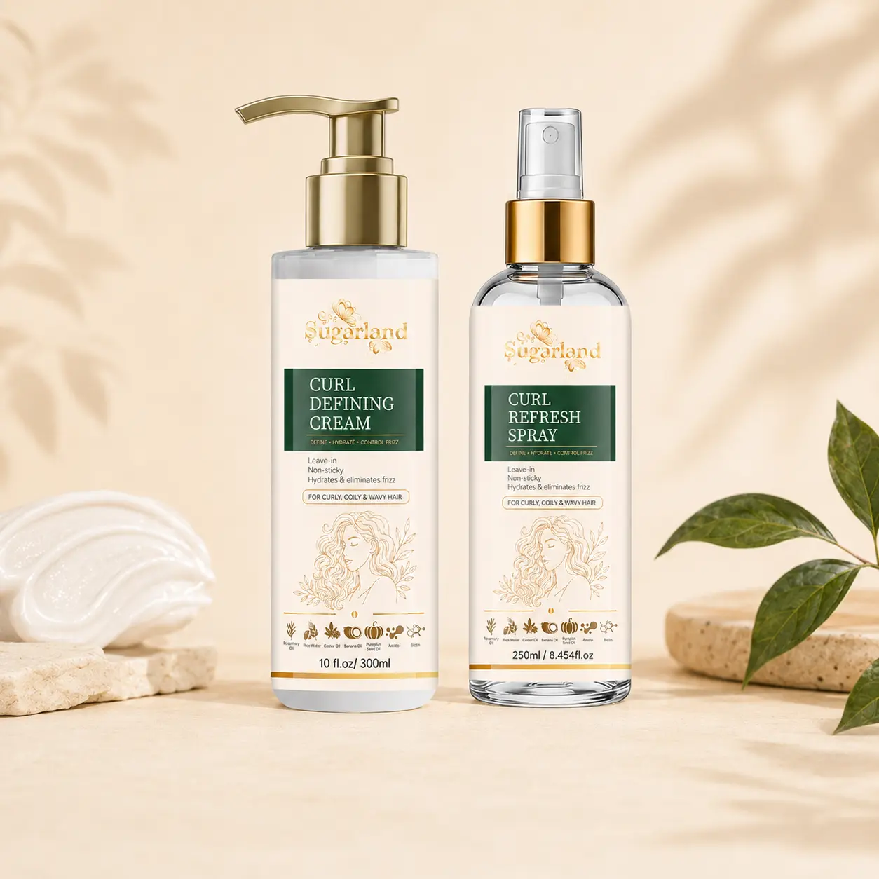 Curl Care Duo Set, Curl Defining Cream & Curl Refresh Spray, 300ml + 250ml, Leave-In Styling Products for Wavy, Curly & Coily Hair, Rosemary Oil, Rice Water & Batana Oil, Helps Reduce Frizz