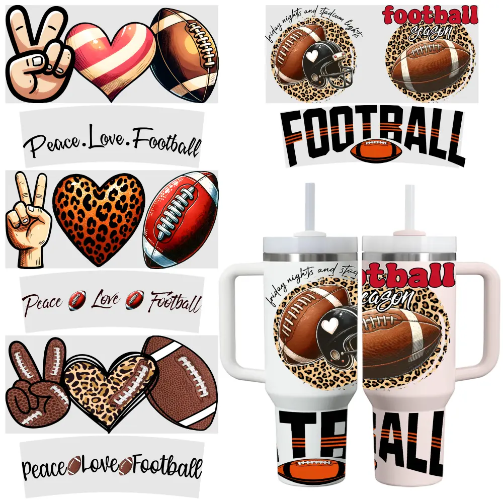 4 Sheets Peace Love Football Leopard Football Helmet Football Text Pattern UV DTF Stickers for 40oz Tumblers Tumbler Jars Wrap side  eyes  sticker