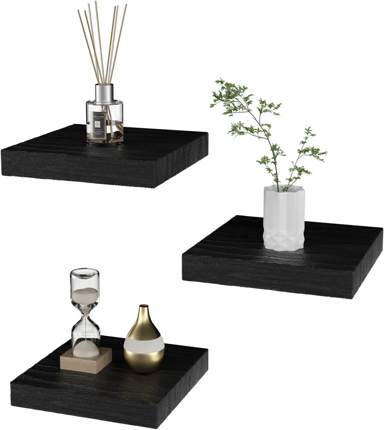 Small Floating Shelves for Wall - 6 Inch Mini Square Black Shelves for Bedroom, Living Room, Bathroom, Kitchen, Office Decor Set of 3
