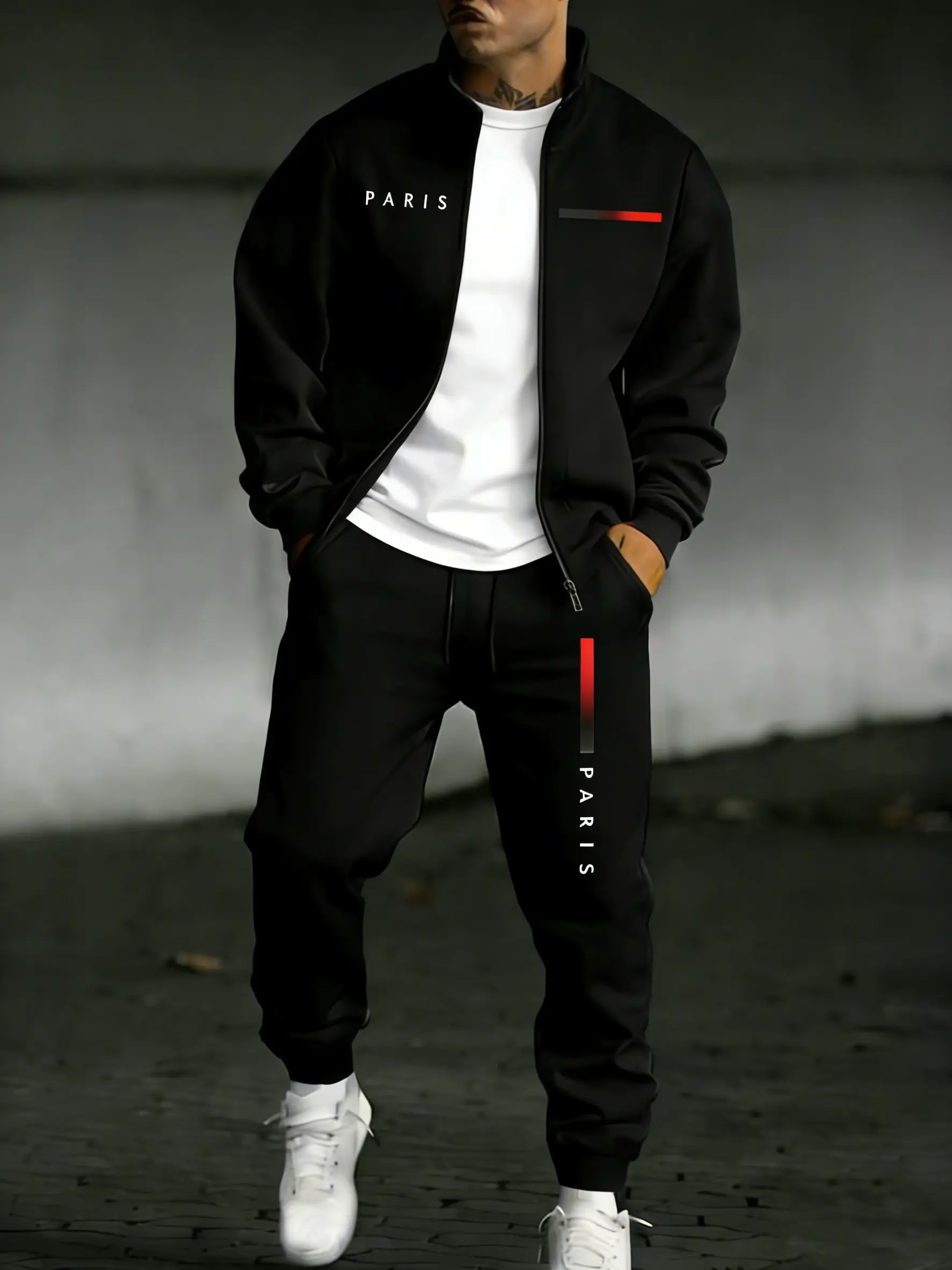 Men's Streetwear Tracksuit 2-Piece Set with PARIS Letter Print, Zip-Up Jacket and Jogger Pants Casual Athletic Sportswear Athleisure Gym Clothes, Tracksuits, Casual Wear, Polyester, Long Sleeve, Gym Wear, Male, Sporty Chic, Cold Wash