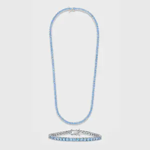 IMPERIUM JEWELRY 4mm Silver Blue Tennis Chain and Bracelet, Elegant Everyday Fashion Costume Jewelry Accessory Set, Elegant Jewelry Set