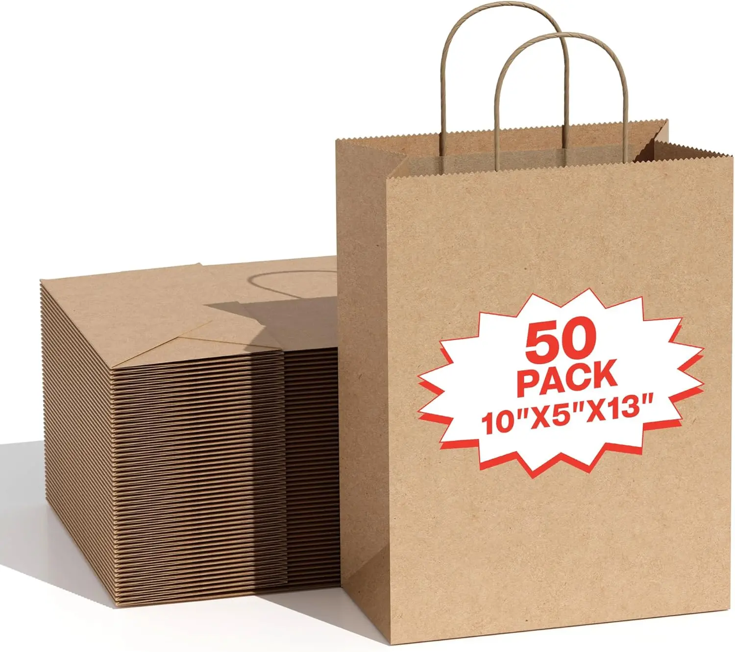 Simple Deluxe 50-Pack Heavy-Duty 10x5x13in Recycled Kraft Paper Gift Bags with Handles, Eco-Friendly Party Gift Packs for Bonfire, Holiday, Housewarming, Shopping Retail & DIY Baby Shower Favors