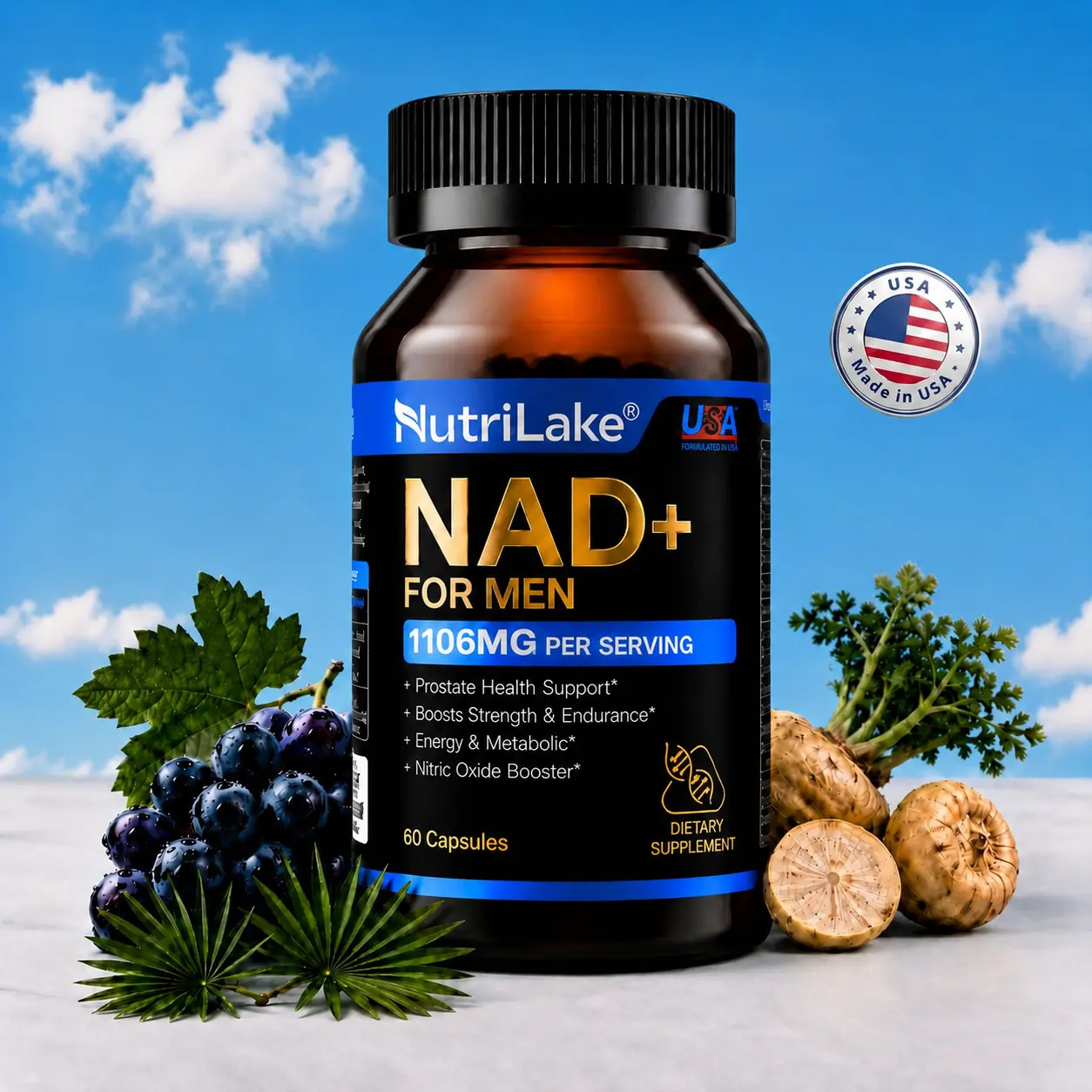 NutriLake Liposomal NAD+ Dietary Supp. for Men - Dairy Free, Gluten-Free, Energy Boost, Immune Support, Wrinkle Defense, Complex with Trans-Resveratrol, Vitamin B6, CoQ10, Ashwagandha, Niacin, Cellular Renewal - 60 Capsules Antioxidant Supplement
