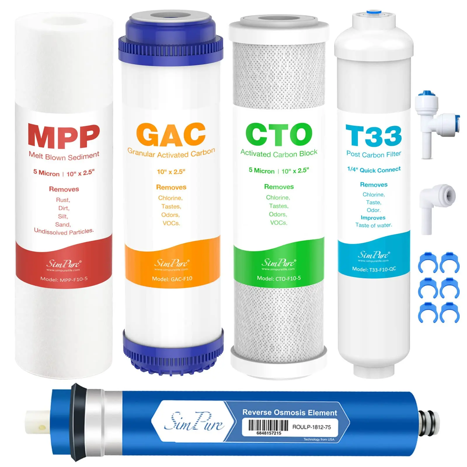 SimPure 5-Stage Reverse Osmosis Replacement Filter Set with 75 GPD RO Membrane 5pc Pre & Post Replacement Cartridge Pack Kit for Standard 5-Stage Reverse Osmosis RO Systems
