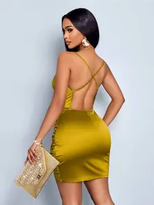 Women's Fashion Summer Slimming Sleeveless Satin Backless Dress, Sexy Fitted Bodycon Dress, Solid Color, Formal, Perfect for Parties and Events, Womenswear
