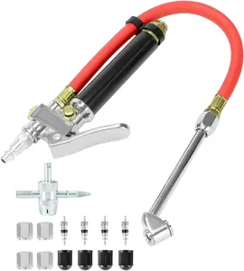 Tire Inflator Gauge 10-120 PSI with Dual Head Chuck, 12-Inch Hose, Leak-Free Valve Core, Chrome-Plated Steel, 4-Way Tool & Valve Cores