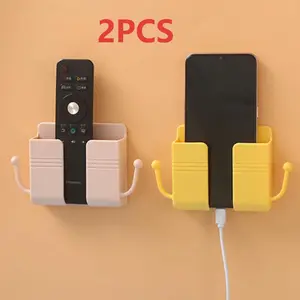 2pcs Mobile Phone Holder Mounted on Self-adhesive Wall, Wall-mounted Mobile Phone Holder with Hook and Cable Clip, Wall-mounted Mobile Phone Holder with Charging Plug and Wall Regulator, Remote Control Suitable for Kitchen and Living Room, (random Colors)