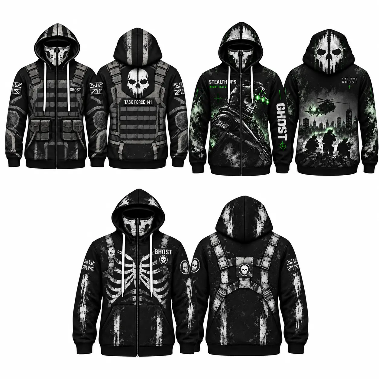 Ghost Task Force 141 Gamer Gift Zip-Up Hoodie, Tactical Print High Collar Hooded Sweatshirt, Gamer Gift
