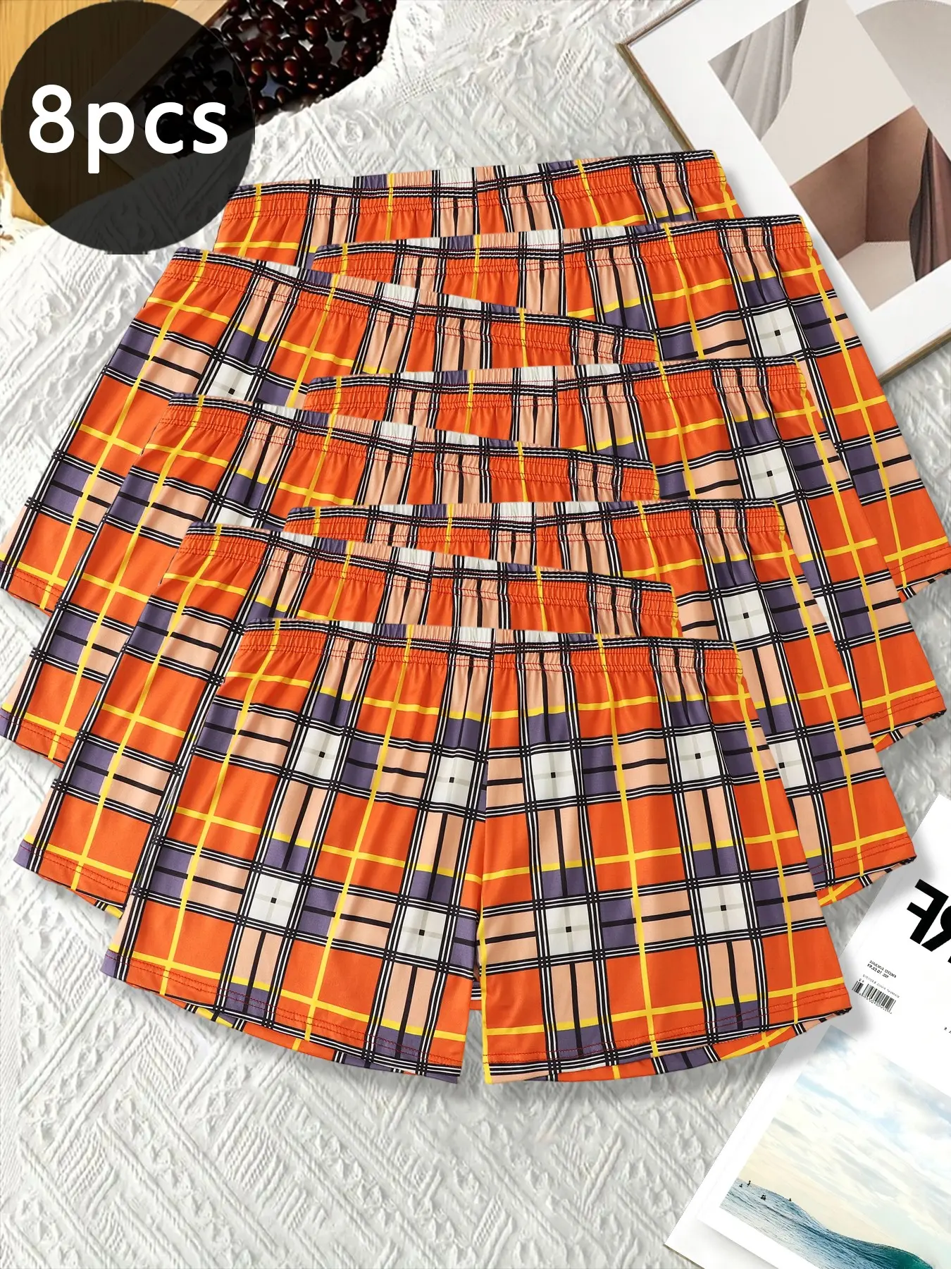 Men's underwear, boxer shorts, orange checkered striped men's loose underwear, all season sports and casual men's shorts, multi combination set