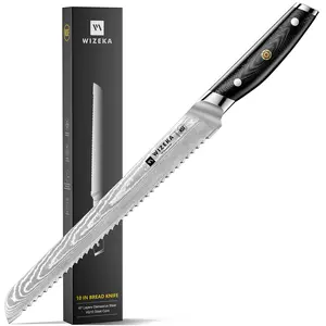 WIZEKA Damascus Serrated Bread Knife, 10 inch Bread Knife for Homemade Bread, Razor Sharp VG10 Damascus Steel Multifunction Serrated Knife for Slicing Homemade Bread, Bagels, Cake Kitchen Cutting Kitchenware Blade