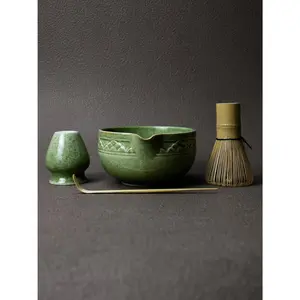 Matcha Tea Set with Pouring Spout - Green Ceramic Matcha Bowl, Bamboo Whisk, Whisk Holder, Tea Scoop & Matcha Tea Manual for Traditional Japanese Tea Ceremony - Ideal for Gift - Deep Green