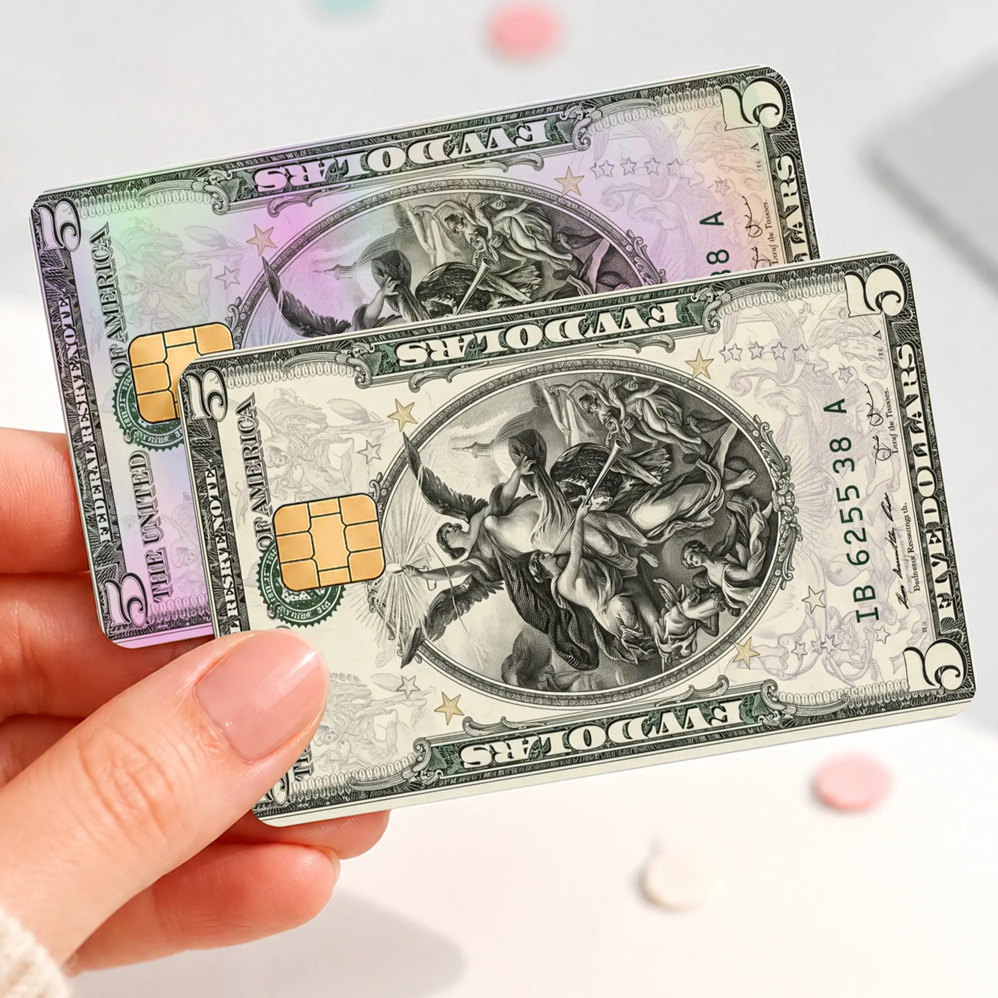 Vintage 5 Dollar Bill Credit Card Skin - Holographic Retro Currency Sticker, DIY Scrapbooking & Stamping Bank Card Cover, Unique Financial Gift for Toys & Hobbies Enthusiasts