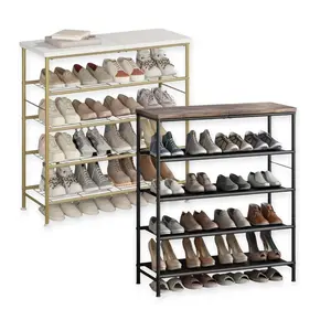 Shoe Rack Organizer 5 Tier Closet Entrance Access Freestanding Metal Storage Rack for 16-20 Pairs of Shoes, Large Area Bag for Entrance, Hallway, Closet, Lndustrial, With MDF Top Plate 1/4Œ Gold Solid Wood Natural Finish Shelf Paint
