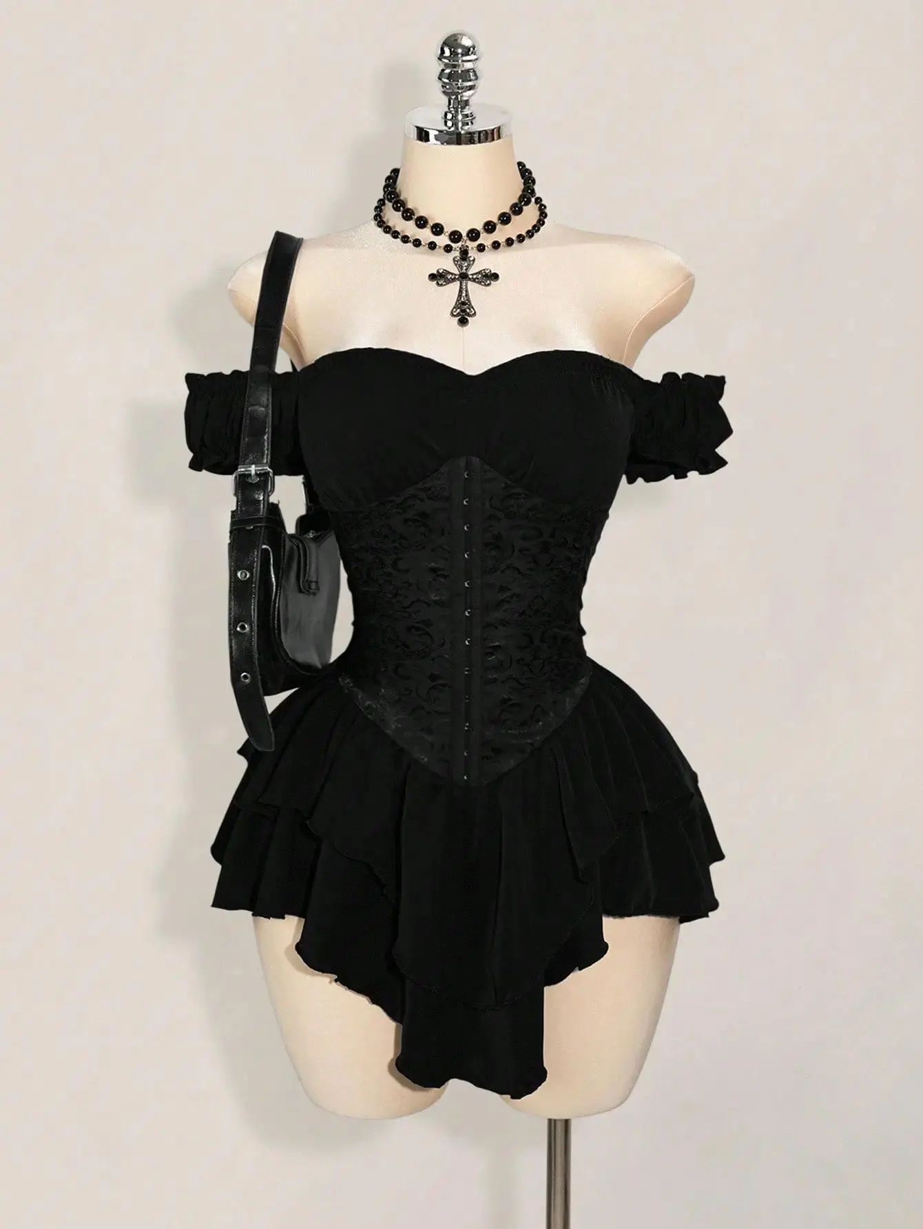 Women's Off-Shoulder A-Line Chiffon Mini Dress Gothic Jacquard Ruffle Trim with Tie Waist Elegant Party Dress for Wedding Guest Vacation Dinner Club Night Out, everyday playful dress