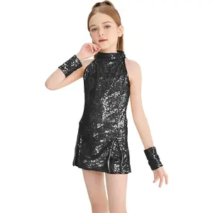 Girls Sequins Dance Clothes Dress 4-14 Yrs Sparkle Hip Hop Jazz Dance Outfit, Sleeveless Top and ShortsGift