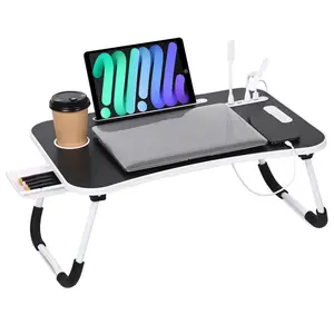 23 Inch Portable Laptop Bed Desk,Foldable LaptopTable Bed Tray with Storage Drawer,4 USB Ports and Cup Holder,for Working Reading Writing, Eating, Watching Movies for Bed Sofa Couch Floor