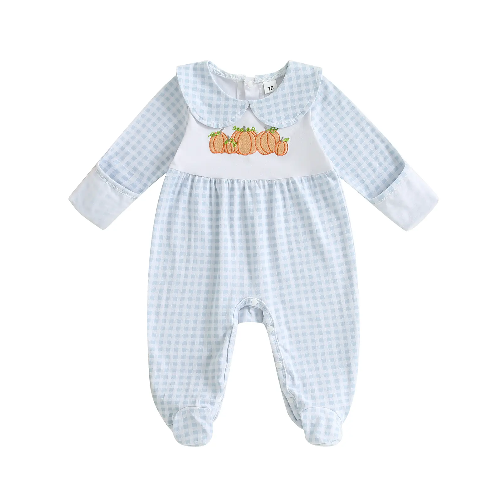 Baby Pumpkin Embroidery Checkered-Plaid Footie Pajamas - Cotton-Elastane Long Sleeve Romper, 0-3 Months Newborn First Halloween Coming Home Outfit