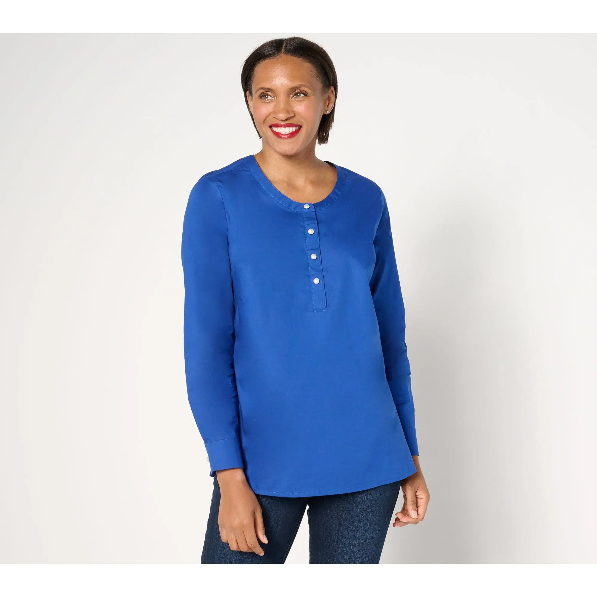 Denim & Co. Adaptive Holiday Poplin Novelty Button Tunic