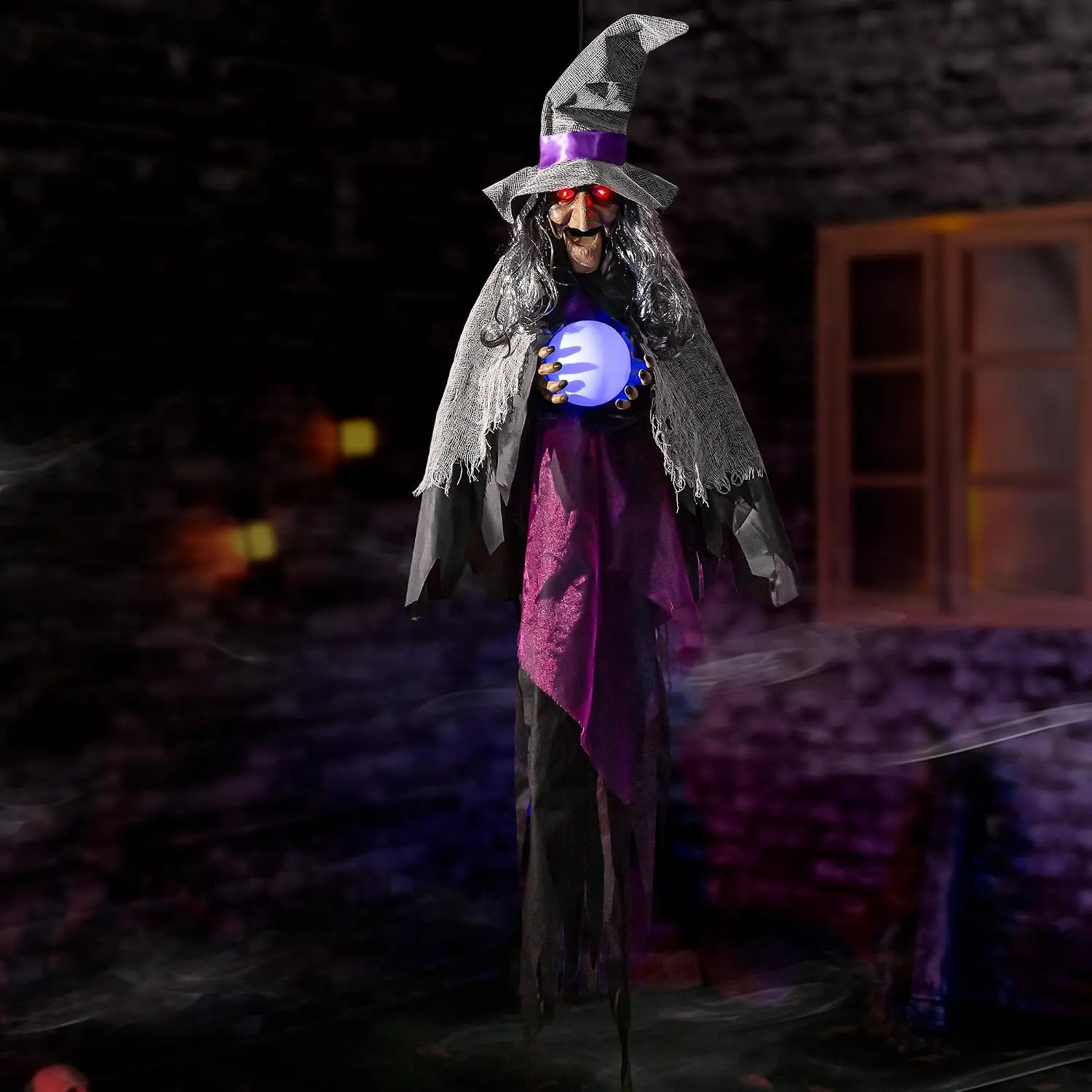 Halloween Animatronics Decorations Hanging Talking Witch, 67'' Animated Witches with Sound & Motion Activated, Creepy Sound, Glowing Crystal Ball & Lighted Eyes for Indoor Outdoor Haunted House Props