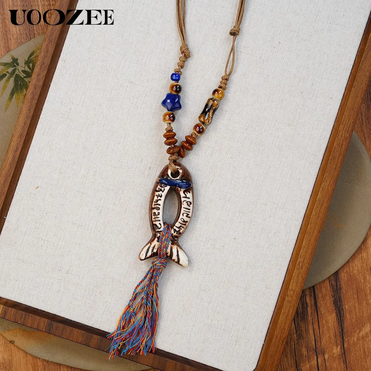 UOOZEE Women's Boho Vintage Handmade Ceramic Pendant Necklace - Adjustable Cord, Fish/Butterfly Tassel, Hand-Glazed Porcelain, Long Wool, Beach-Suitable Costume Jewelry (Boho, Bead-Based, Animal-Shaped, Alt Style Necklaces), Boho Necklaces