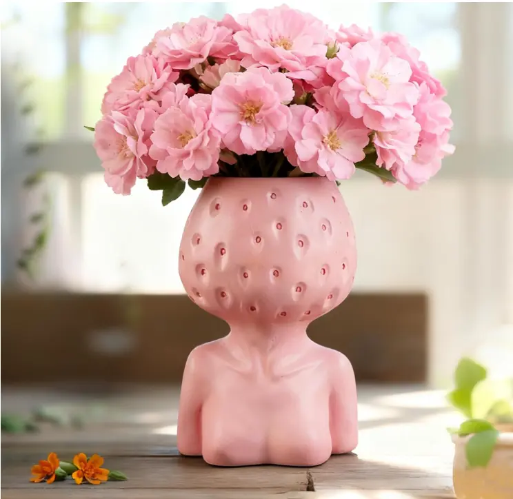 Female Body Vase, Strawberry Face Planter for Decor, Unique Cute Head Planter Pot Bust Planter with Drainage Hole, Resin Flower Pot for Indoor Outdoor Plants Succulents Aesthetic Home Decor Gift, Pink
