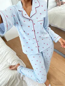 Women's Long Sleeve Pyjama Set, Blue Plaid Cherry Full Print, Soft Breathable Home Wear, Loungewear, Casual Loose Fit, All Seasons